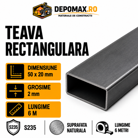 Teava rectangulara 50 x 20 x 2 mm, 6 metri